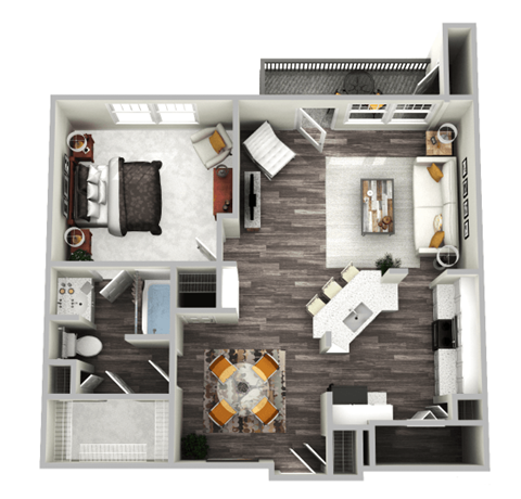 Floor plan for 1 bed, 1 bath, 914 sqft